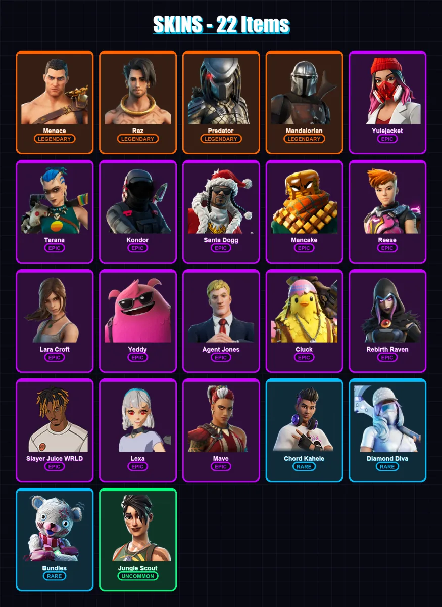 [PC/XBOX/PSN] | Menace | Raz | Predator | Mandalorian | Yulejacket | 22 skin | 42 pickaxe | 40 emote | 33 glider | Lv567