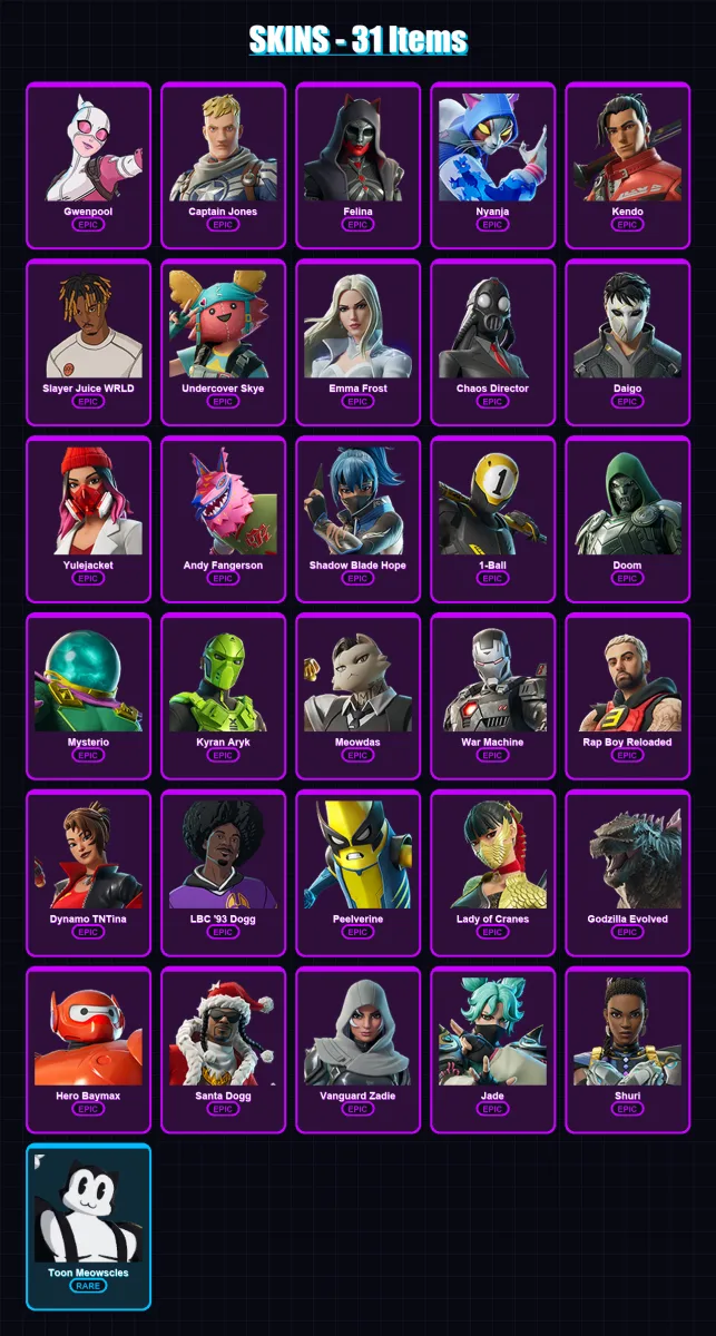 [PS4/PS5/XBOX/PC] | Gwenpool | Captain Jones | Felina | Nyanja | Kendo | 31 skin | 68 pickaxe | 46 emote | 34 glider | Lv457