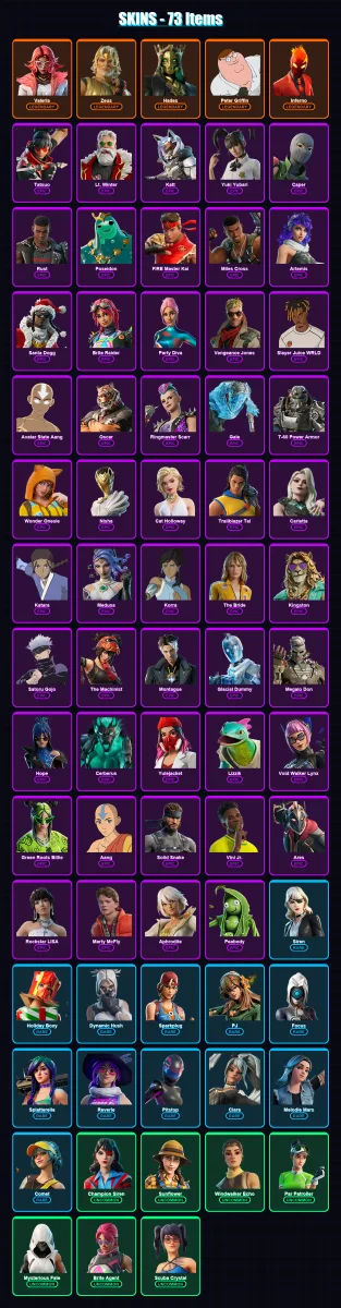 [PC] | Valeria | Zeus | Hades | Peter Griffin | Inferno | 73 skin | 98 pickaxe | 61 emote | 59 glider | Lv877