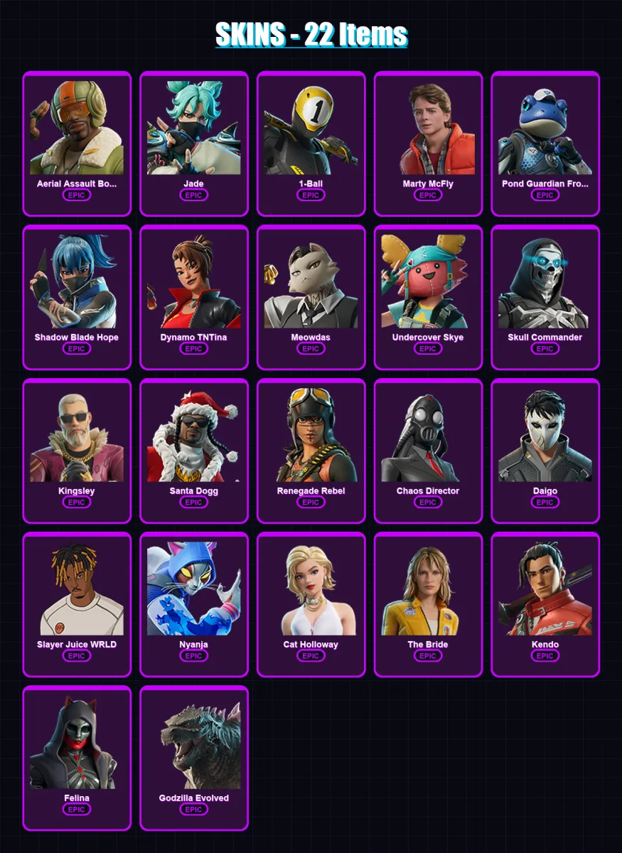 [PS4/PS5/XBOX/PC] | Aerial Assault Bomber | Jade | 1-Ball | Marty McFly | Pond Guardian Froggory | 22 skin | 59 pickaxe | 27 emote | 30 glider | Lv2