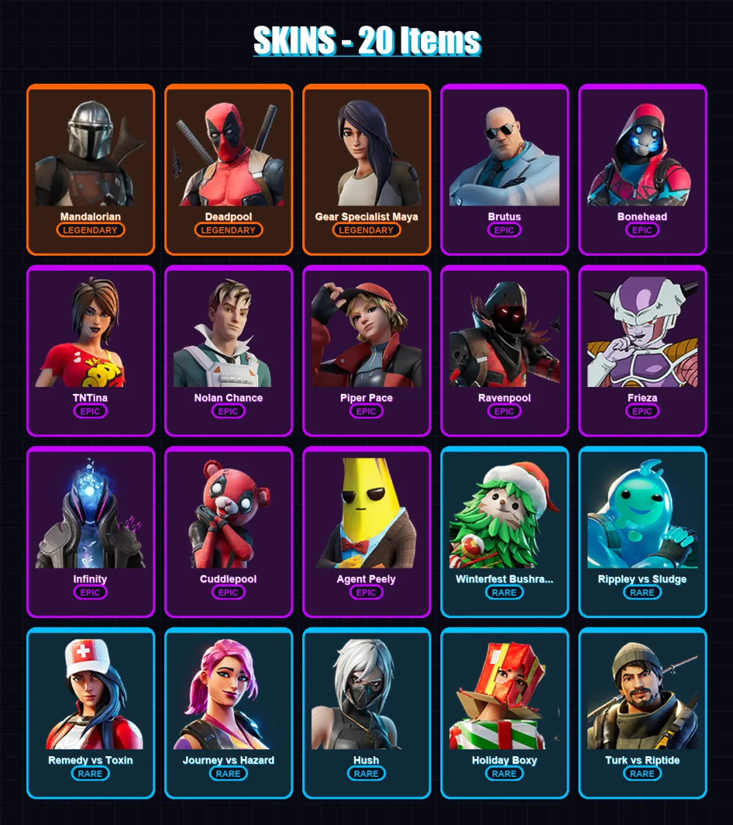 [PC/PSN] | Mandalorian | Deadpool | Gear Specialist Maya | Brutus | Bonehead | 20 skin | 17 pickaxe | 17 emote | 19 glider | Lv160