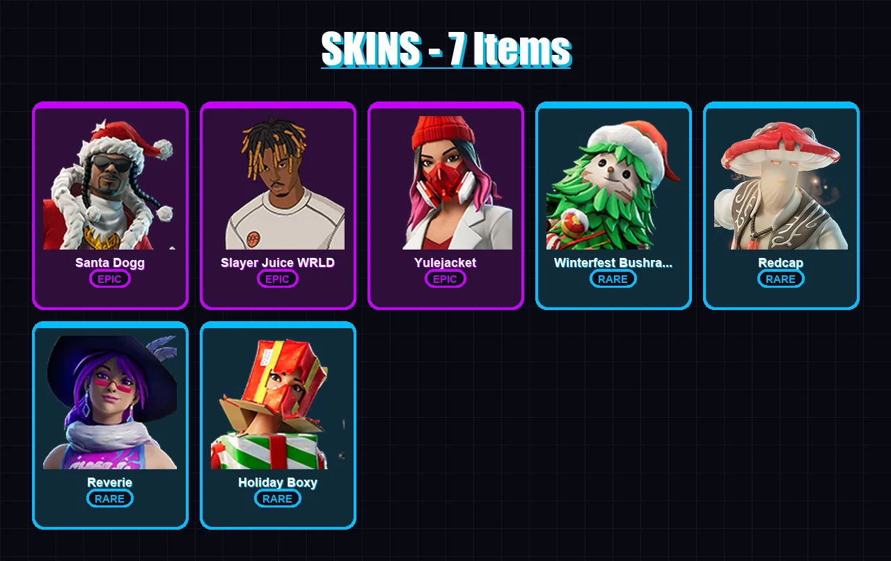 [PC/XBOX/PSN] | Santa Dogg | Slayer Juice WRLD | Yulejacket | Winterfest Bushranger | Redcap | 7 skin | 12 pickaxe | 6 emote | 15 glider | Lv122