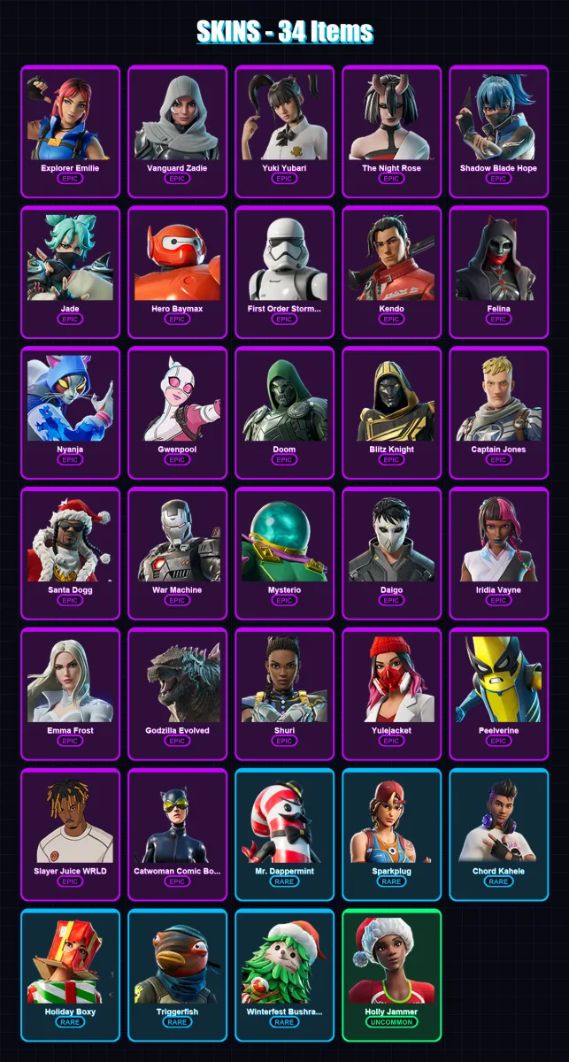 [PC] | Explorer Emilie | Vanguard Zadie | Yuki Yubari | The Night Rose | Shadow Blade Hope | 34 skin | 94 pickaxe | 48 emote | 62 glider | Lv1154