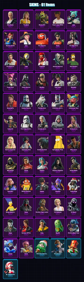 [PS4/PS5/XBOX/PC] | Slim Shady | The Bride | Mecha R3X | Slayer Juice WRLD | Jade | 61 skin | 112 pickaxe | 69 emote | 73 glider | Lv1009