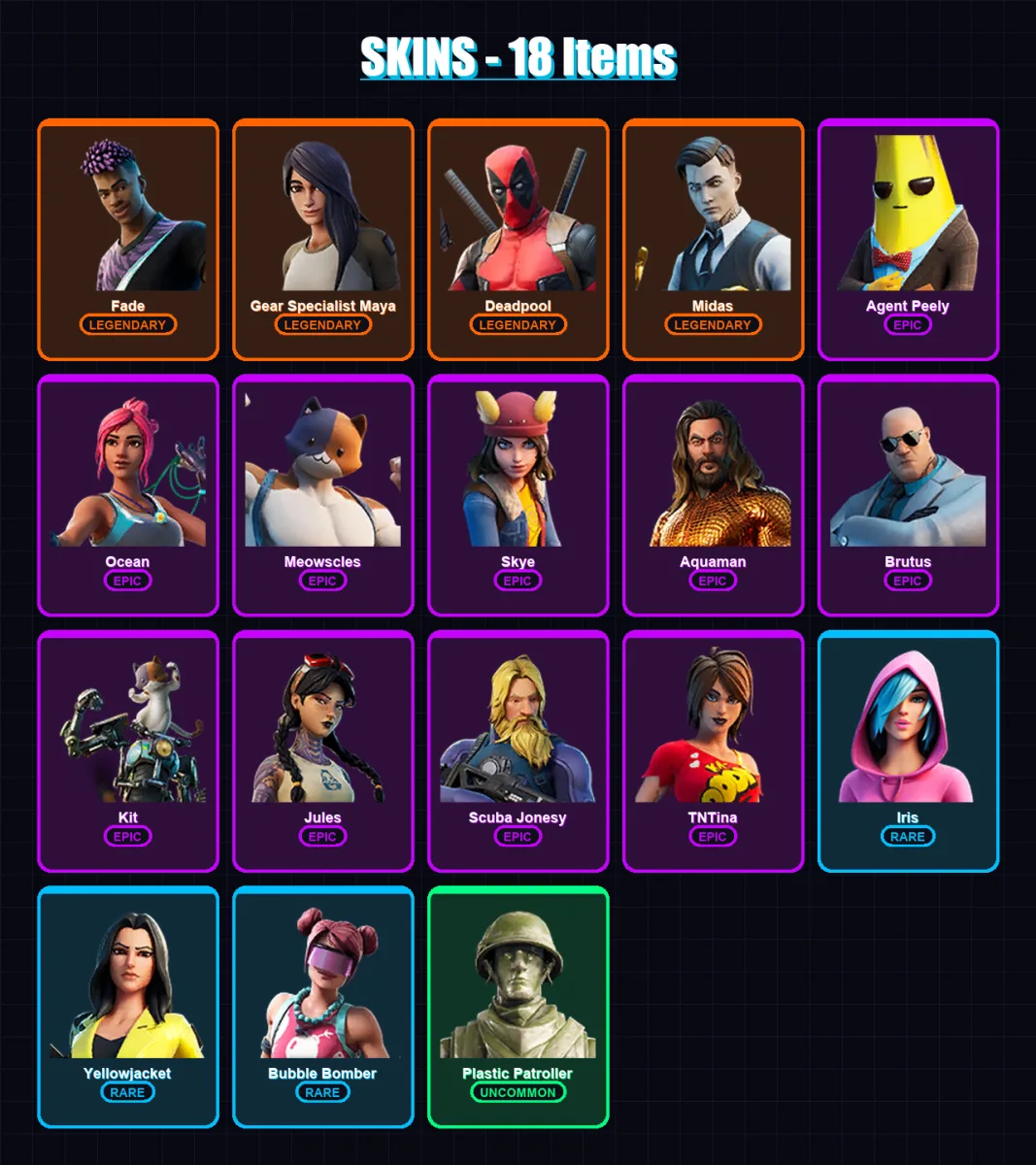 [PC/XBOX/PSN] | Fade | Gear Specialist Maya | Deadpool | Midas | Agent Peely | 18 skin | 17 pickaxe | 13 emote | 21 glider | Lv256