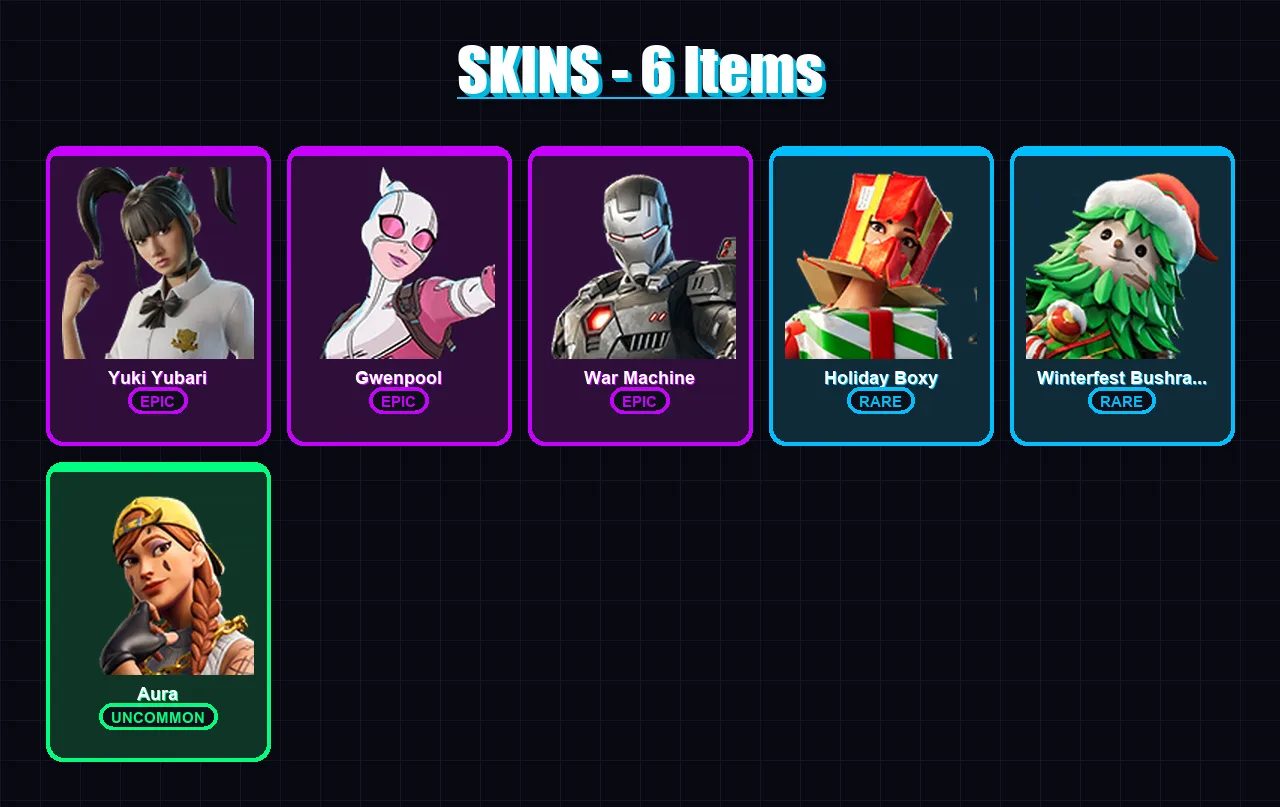 [PC/PSN] | Yuki Yubari | Gwenpool | War Machine | Holiday Boxy | Winterfest Bushranger | 6 skin | 12 pickaxe | 10 emote | 14 glider | Lv199