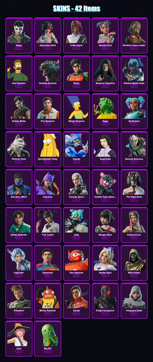 [PS4/PS5/XBOX/PC] | Daigo | Apprentice Evie | Iridia Vayne | Sparkle Diva | Wookiee Team Leader | 42 skin | 81 pickaxe | 53 emote | 63 glider | Lv83