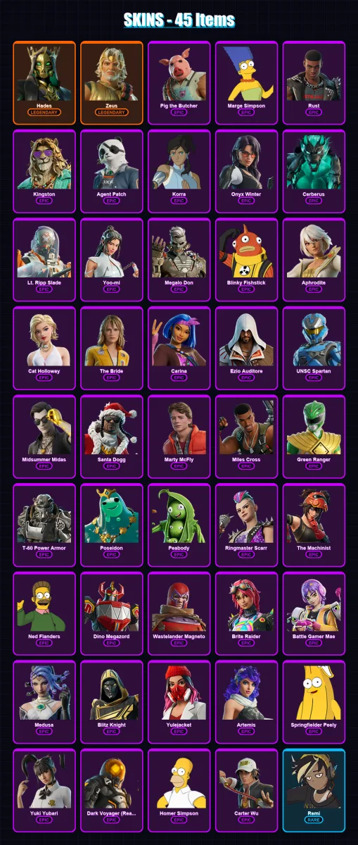 [PC/XBOX/PSN] | Hades | Zeus | Pig the Butcher | Marge Simpson | Rust | 45 skin | 96 pickaxe | 54 emote | 67 glider | Lv1402