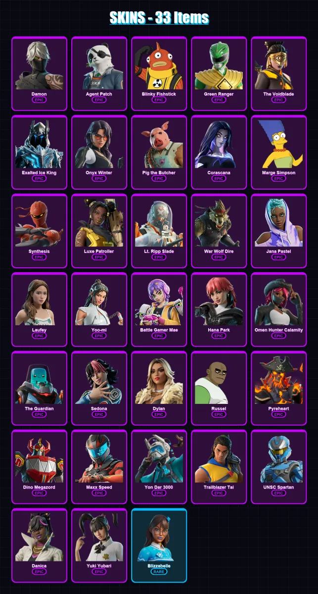 [PC/PSN] | Damon | Agent Patch | Blinky Fishstick | Green Ranger | The Voidblade | 33 skin | 52 pickaxe | 30 emote | 24 glider | Lv196