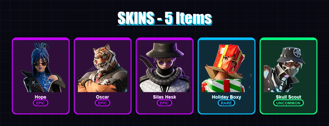 [PC/PSN] | Hope | Oscar | Silas Hesk | Holiday Boxy | Skull Scout | 5 skin | 6 pickaxe | 3 emote | 7 glider | Lv36