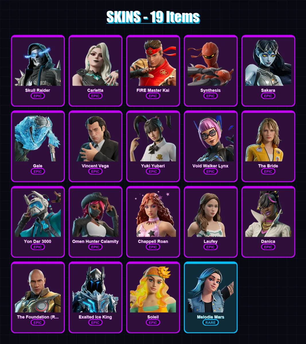 [PC/XBOX/PSN] | Skull Raider | Carletta | FIRE Master Kai | Synthesis | Sakara | 19 skin | 15 pickaxe | 6 emote | 10 glider | Lv45 — Fortnite account