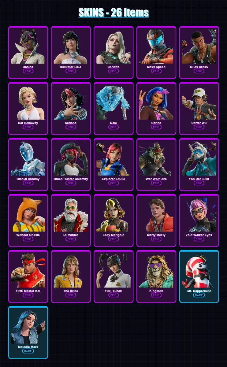 [PC/PSN] | Danica | Rockstar LISA | Carletta | Maxx Speed | Miles Cross | 26 skin | 31 pickaxe | 22 emote | 20 glider | Lv254
