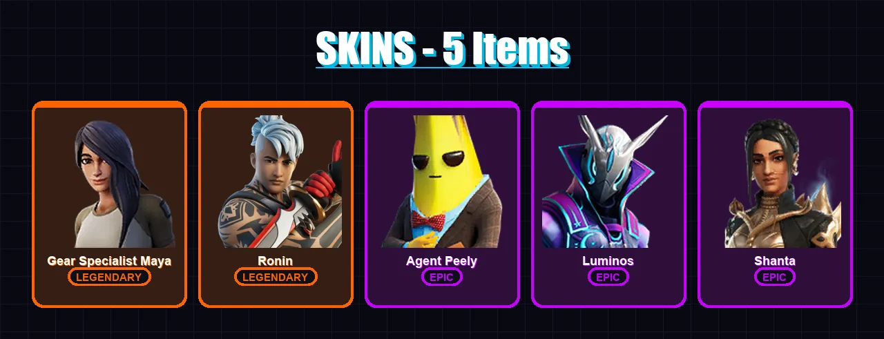[PC/XBOX/PSN] | Gear Specialist Maya | Ronin | Agent Peely | Luminos | Shanta | 5 skin | 10 pickaxe | 8 emote | 13 glider | Lv133