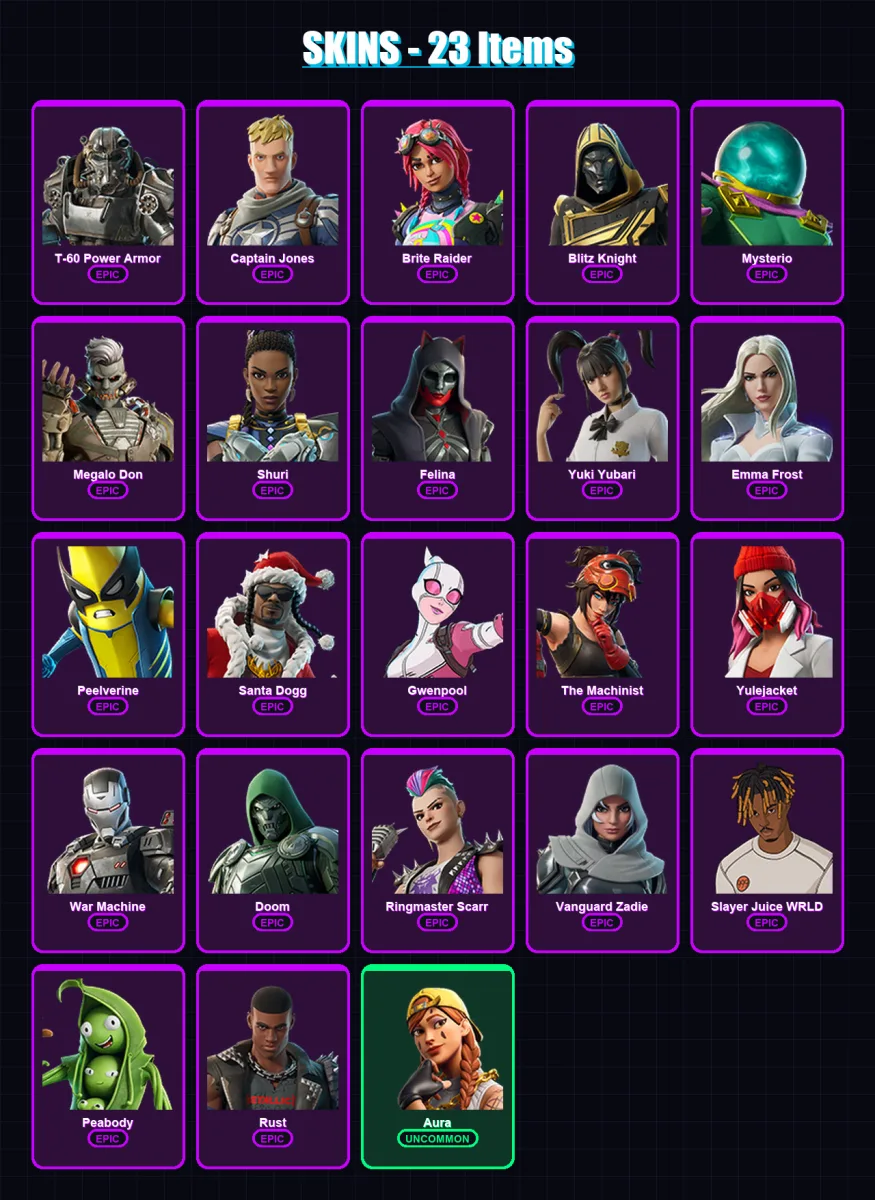 [PS4/PS5/XBOX/PC] | T-60 Power Armor | Captain Jones | Brite Raider | Blitz Knight | Mysterio | 23 skin | 70 pickaxe | 40 emote | 48 glider | Lv723