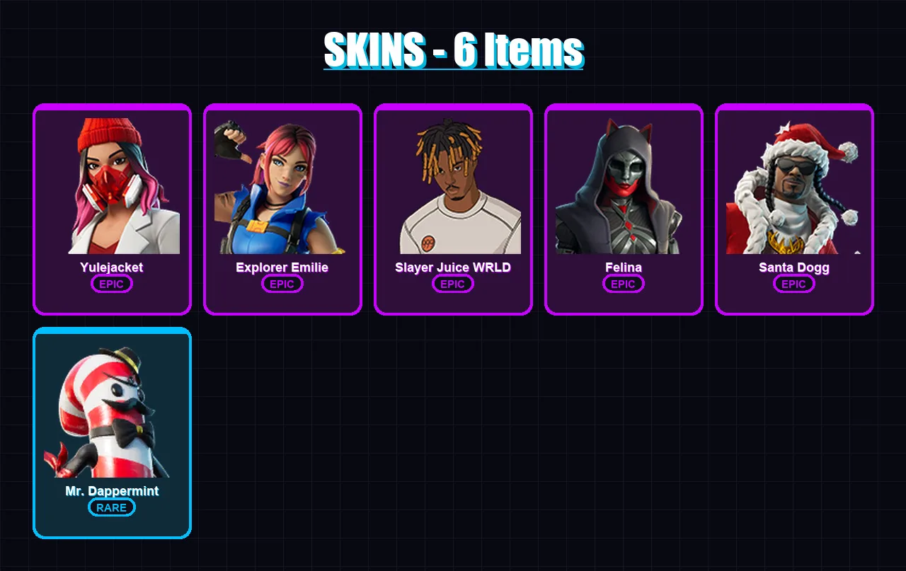 [PC/PSN] | Yulejacket | Explorer Emilie | Slayer Juice WRLD | Felina | Santa Dogg | 6 skin | 32 pickaxe | 15 emote | 21 glider | Lv406