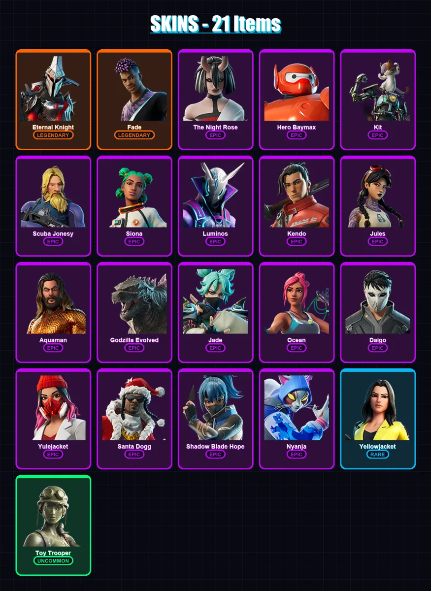 [PS4/PS5/XBOX/PC] | Eternal Knight | Fade | The Night Rose | Hero Baymax | Kit | 21 skin | 41 pickaxe | 25 emote | 34 glider | Lv359