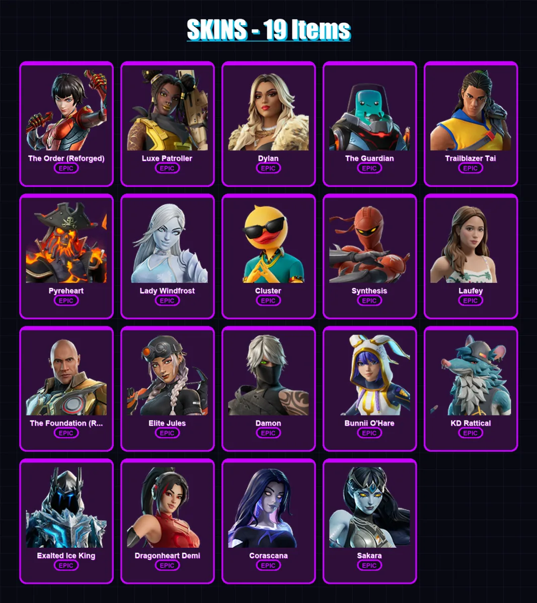 [PC/PSN] | The Order (Reforged) | Luxe Patroller | Dylan | The Guardian | Trailblazer Tai | 19 skin | 25 pickaxe | 12 emote | 16 glider | Lv84