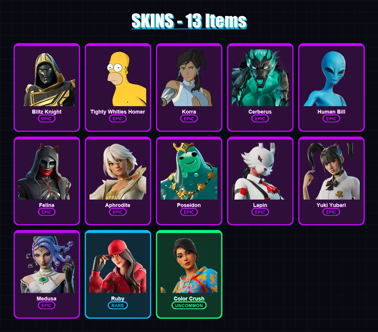 [PC/XBOX/PSN] | Blitz Knight | Tighty Whities Homer | Korra | Cerberus | Human Bill | 13 skin | 34 pickaxe | 16 emote | 22 glider | Lv323