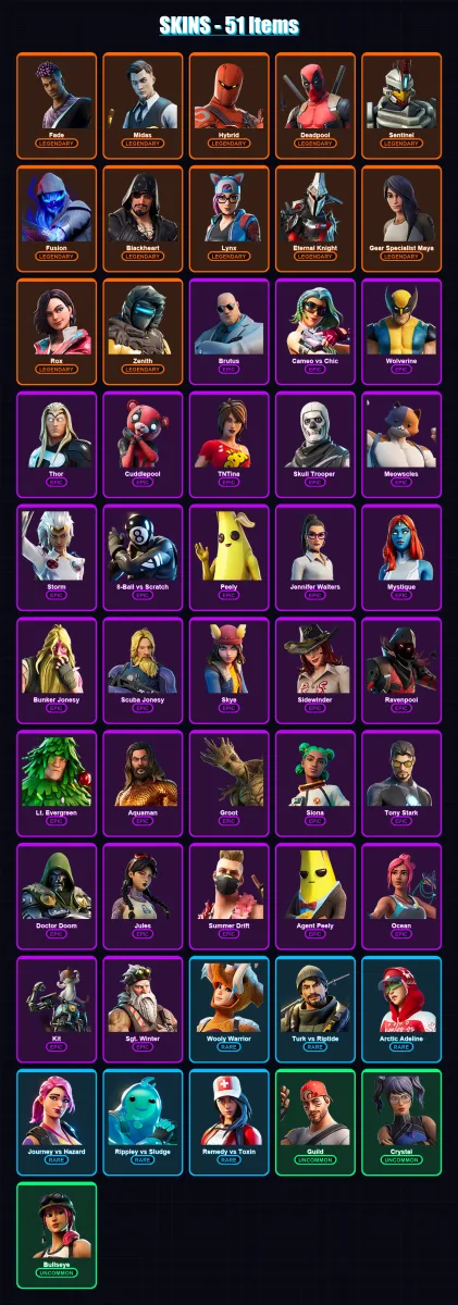 [SWITCH/XBOX/PSN/PC] | Fade | Midas | Hybrid | Deadpool | Sentinel | 51 skin | 47 pickaxe | 63 emote | 49 glider | Lv867