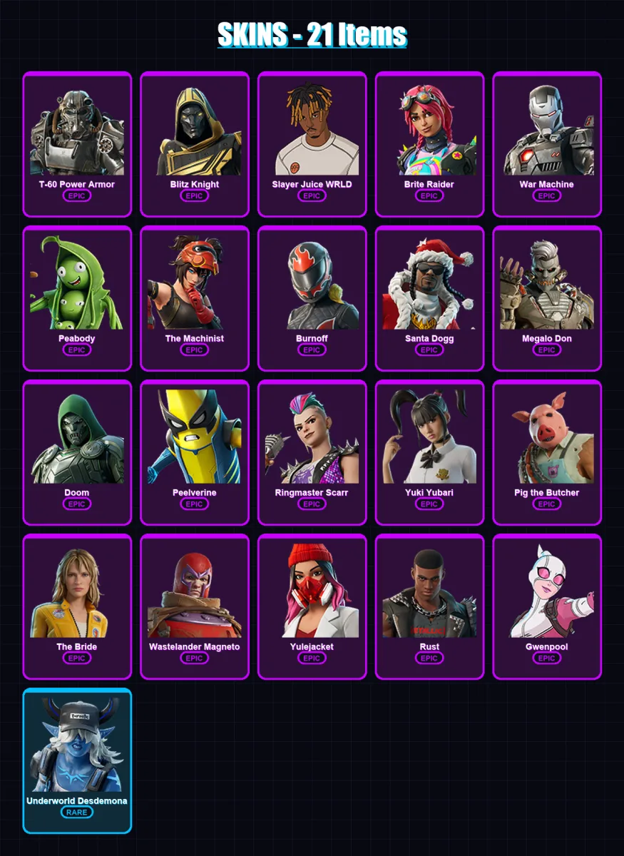 [PC/XBOX/PSN] | T-60 Power Armor | Blitz Knight | Slayer Juice WRLD | Brite Raider | War Machine | 21 skin | 71 pickaxe | 32 emote | 50 glider | Lv7