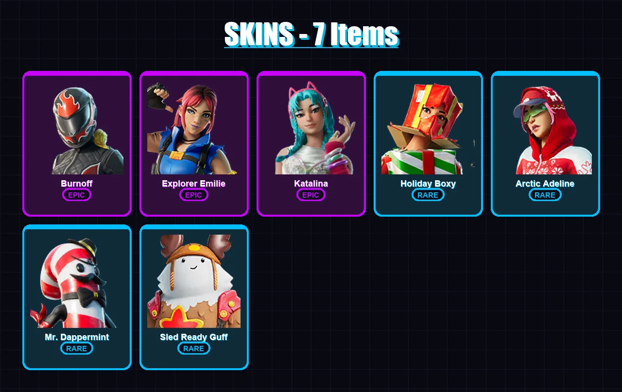 [PC/XBOX/PSN] | Burnoff | Explorer Emilie | Katalina | Holiday Boxy | Arctic Adeline | 7 skin | 28 pickaxe | 13 emote | 24 glider | Lv269