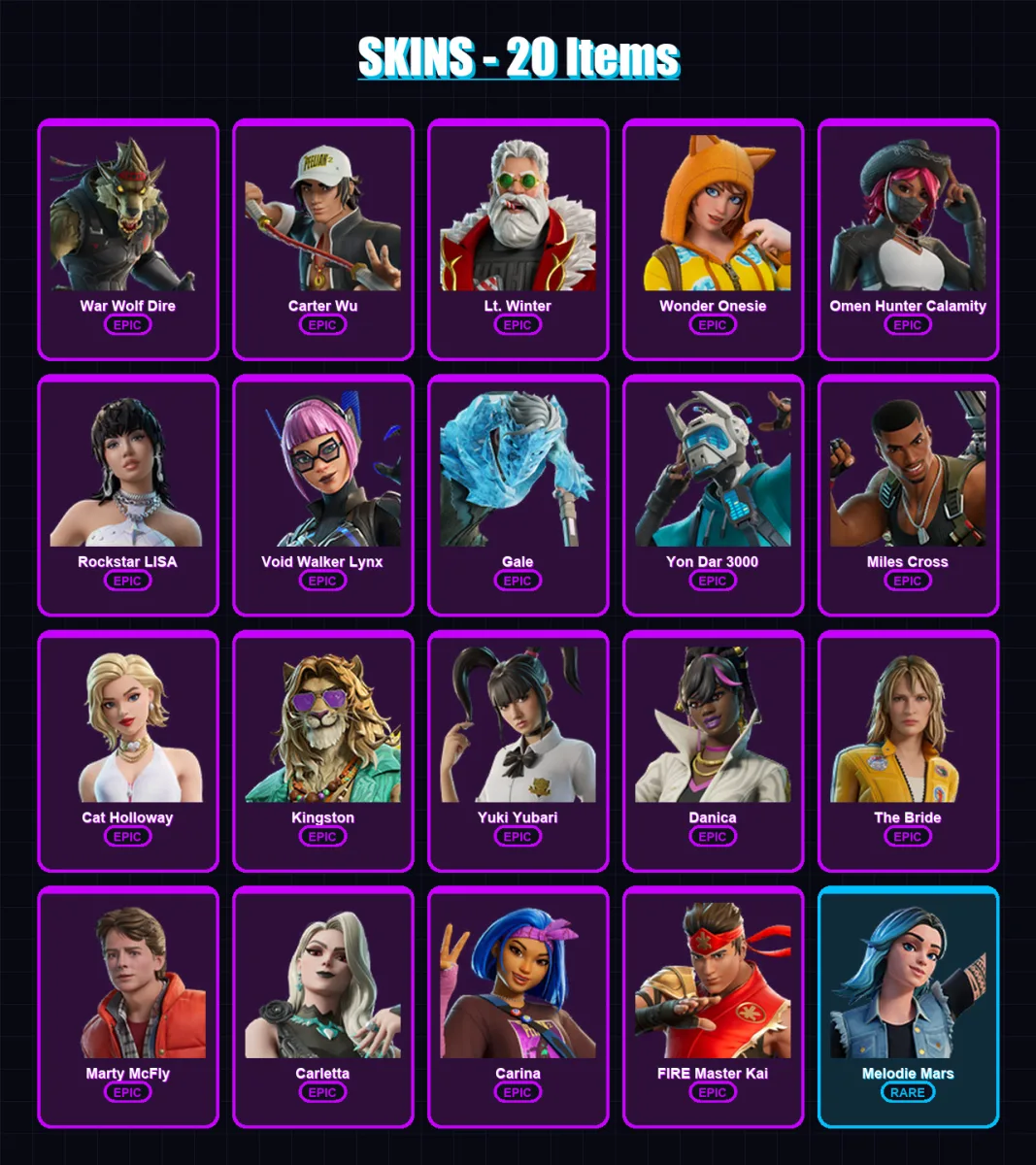 [PC/XBOX/PSN] | War Wolf Dire | Carter Wu | Lt. Winter | Wonder Onesie | Omen Hunter Calamity | 20 skin | 29 pickaxe | 24 emote | 24 glider | Lv125