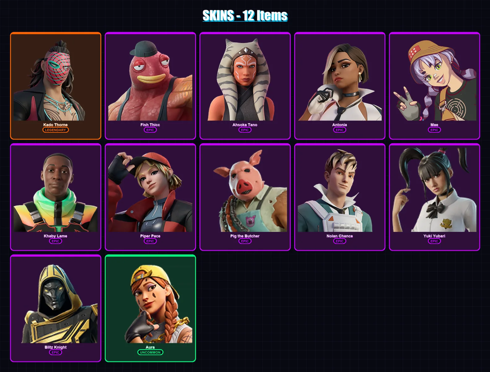 [PC/XBOX/PSN] | Kado Thorne | Fish Thicc | Ahsoka Tano | Antonia | Mae | 12 skin | 43 pickaxe | 29 emote | 25 glider | Lv439