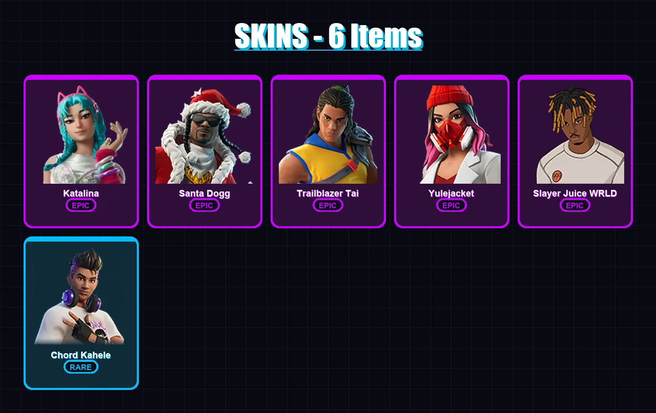 [SWITCH/XBOX/PSN/PC] | Katalina | Santa Dogg | Trailblazer Tai | Yulejacket | Slayer Juice WRLD | 6 skin | 21 pickaxe | 12 emote | 16 glider | Lv202