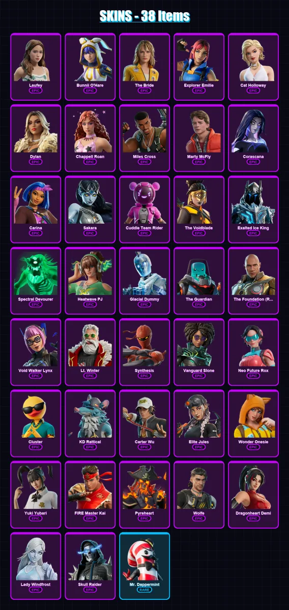 [PC/PSN] | Laufey | Bunnii O'Hare | The Bride | Explorer Emilie | Cat Holloway | 38 skin | 53 pickaxe | 32 emote | 41 glider | Lv231