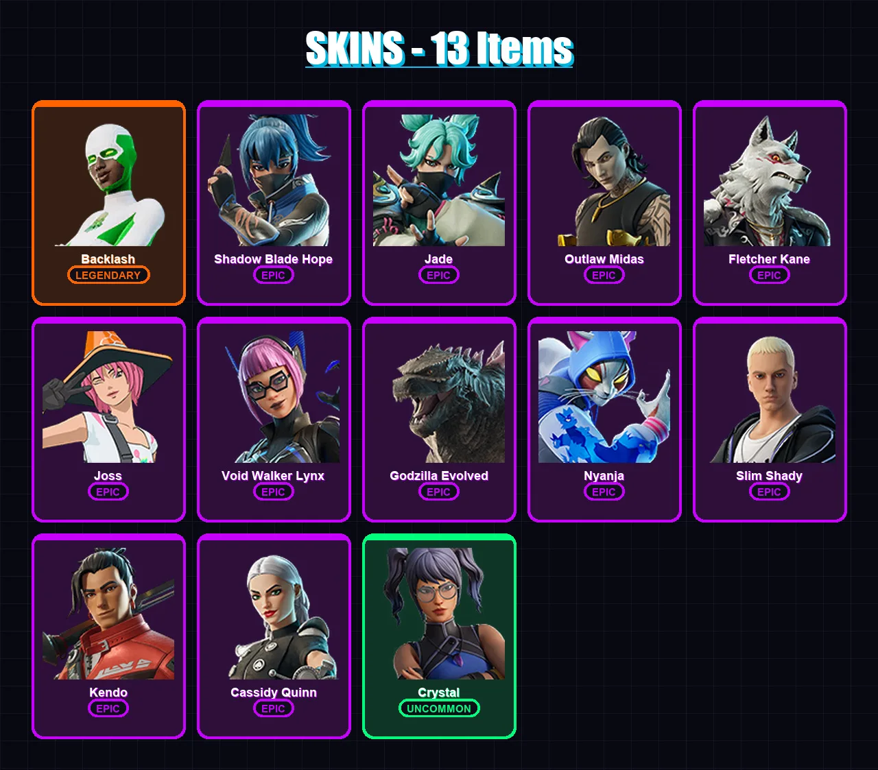 [PC/XBOX/PSN] | Backlash | Shadow Blade Hope | Jade | Outlaw Midas | Fletcher Kane | 13 skin | 22 pickaxe | 19 emote | 20 glider | Lv153