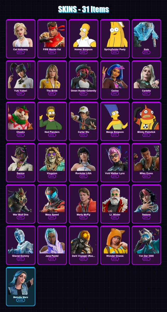 [PC/XBOX/PSN] | Cat Holloway | FIRE Master Kai | Homer Simpson | Springfielder Peely | Gale | 31 skin | 50 pickaxe | 31 emote | 32 glider | Lv268