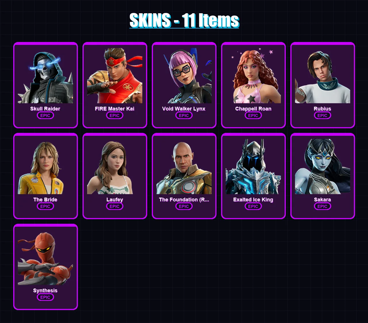 [PC/PSN] | Skull Raider | FIRE Master Kai | Void Walker Lynx | Chappell Roan | Rubius | 11 skin | 18 pickaxe | 6 emote | 9 glider | Lv61