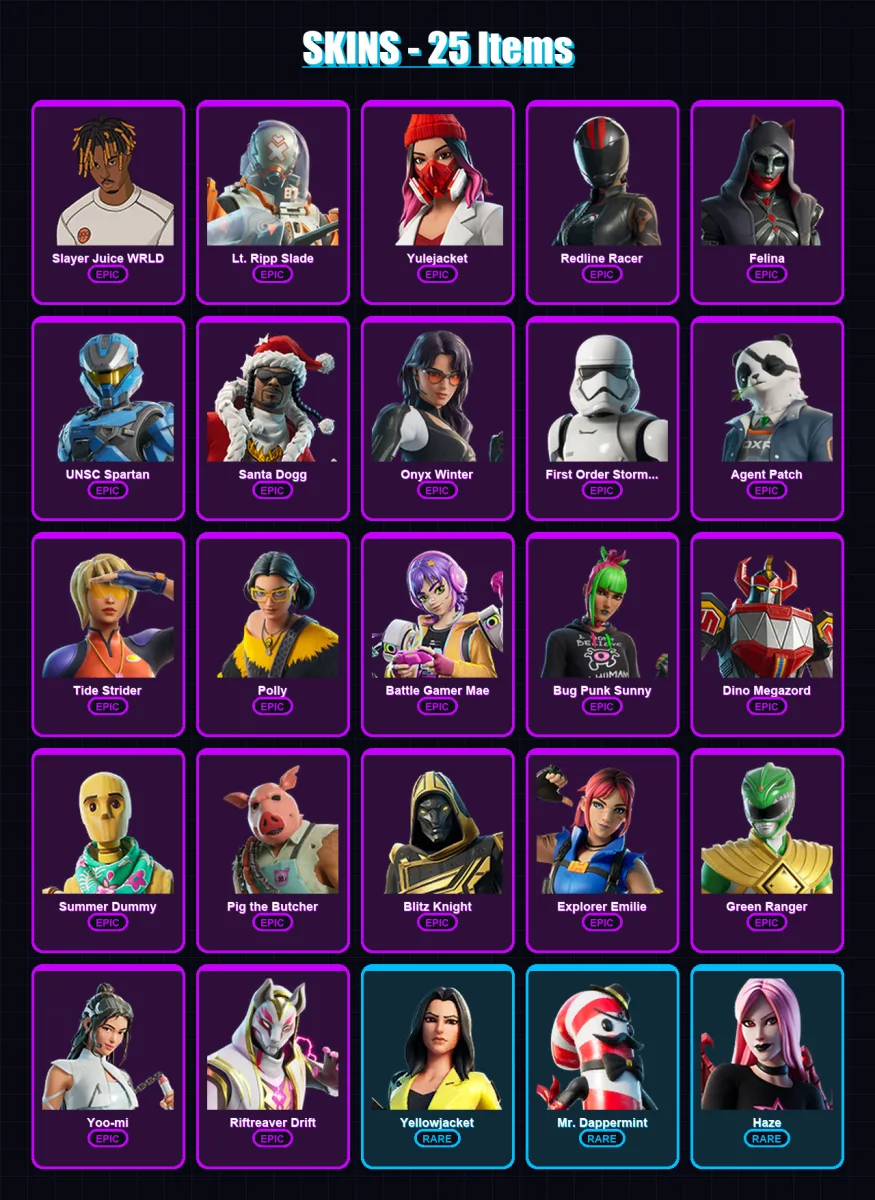 [PC/XBOX/PSN] | Slayer Juice WRLD | Lt. Ripp Slade | Yulejacket | Redline Racer | Felina | 25 skin | 53 pickaxe | 31 emote | 36 glider | Lv596