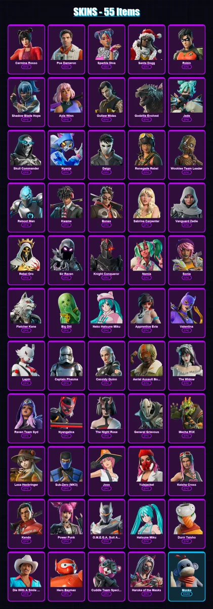 [PC/XBOX/PSN] | Carmine Rosso | Poe Dameron | Sparkle Diva | Santa Dogg | Robin | 55 skin | 61 pickaxe | 44 emote | 35 glider | Lv279