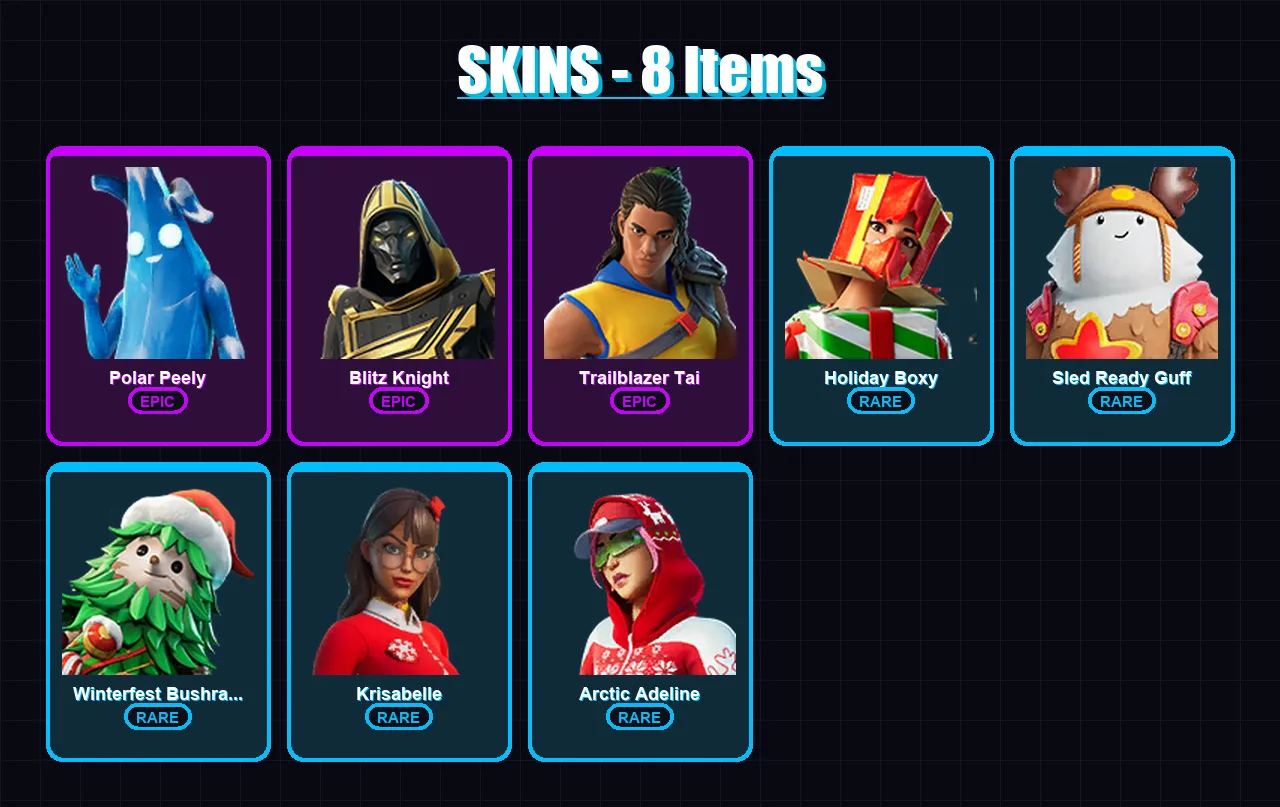 [PS4/PS5/PC] | Polar Peely | Blitz Knight | Trailblazer Tai | Holiday Boxy | Sled Ready Guff | 8 skin | 28 pickaxe | 15 emote | 26 glider | Lv271