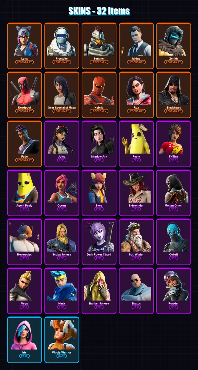 [SWITCH/XBOX/PSN/PC] | Lynx | Frostbite | Sentinel | Midas | Zenith | 32 skin | 40 pickaxe | 40 emote | 38 glider | Lv717