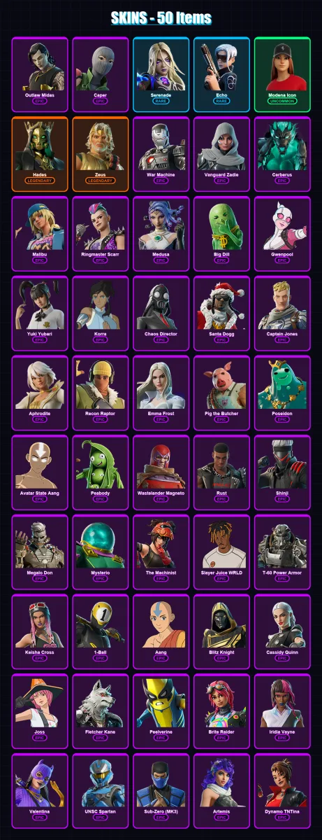 [PC/XBOX/PSN] | Outlaw Midas | Caper | Serenade | Echo | Modena Icon | 50 skin | 135 pickaxe | 66 emote | 74 glider | Lv2025