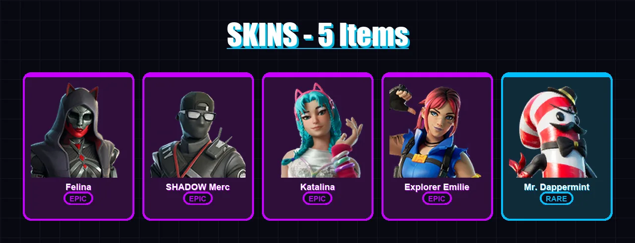 [PC/PSN] | Felina | SHADOW Merc | Katalina | Explorer Emilie | Mr. Dappermint | 5 skin | 37 pickaxe | 16 emote | 23 glider | Lv433 — Game account