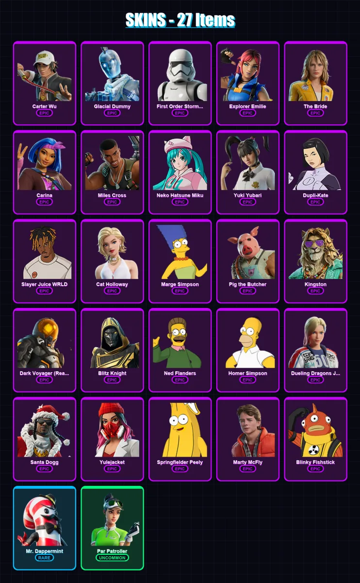 [PC/PSN] | Carter Wu | Glacial Dummy | First Order Stormtrooper | Explorer Emilie | The Bride | 27 skin | 86 pickaxe | 44 emote | 51 glider | Lv900