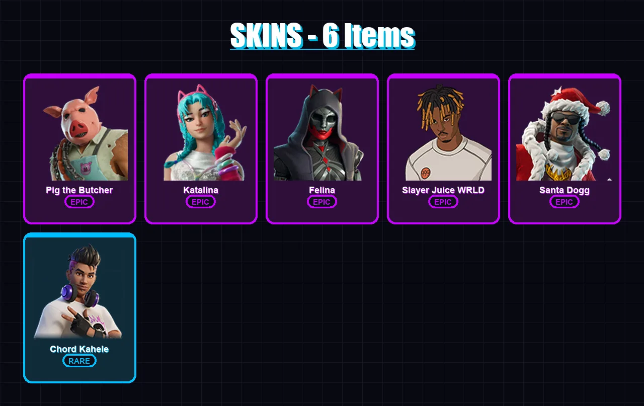 [PC/XBOX/PSN] | Pig the Butcher | Katalina | Felina | Slayer Juice WRLD | Santa Dogg | 6 skin | 47 pickaxe | 16 emote | 31 glider | Lv448