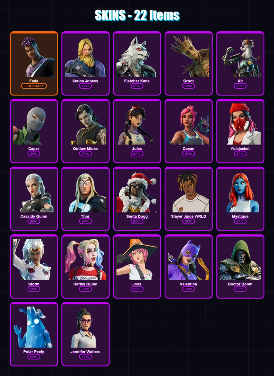 [PC/XBOX/PSN] | Fade | Scuba Jonesy | Fletcher Kane | Groot | Kit | 22 skin | 60 pickaxe | 31 emote | 40 glider | Lv493