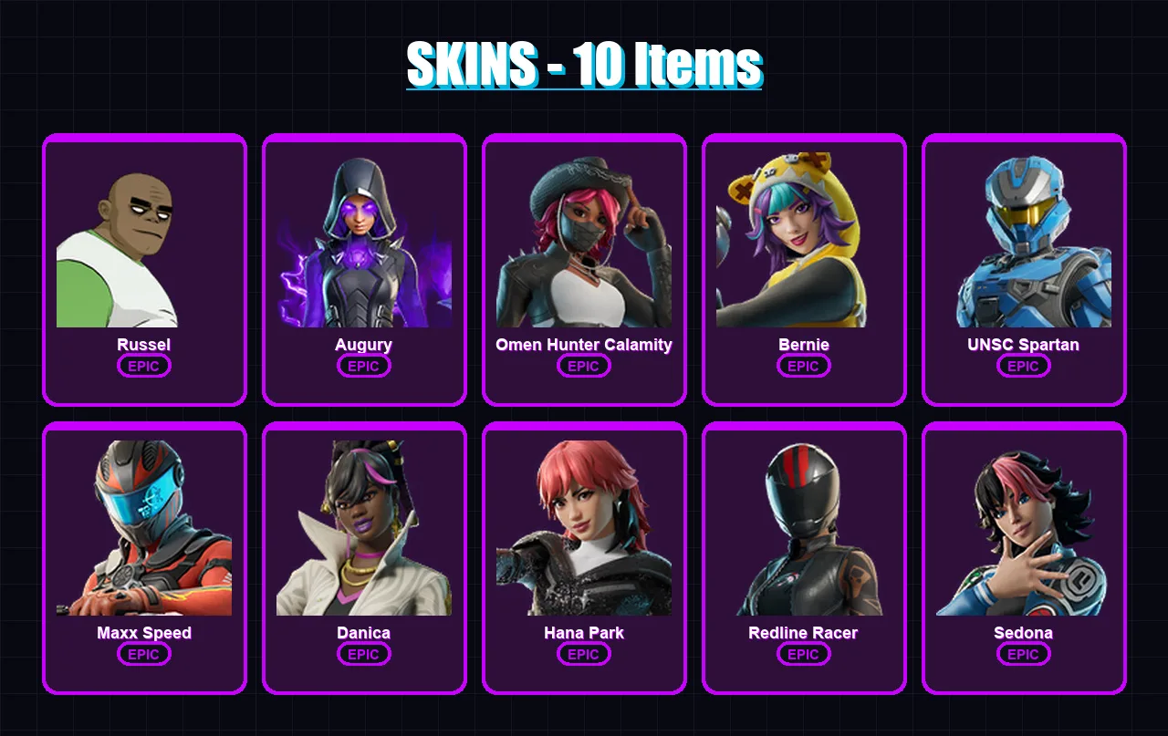 [PC/PSN] | Russel | Augury | Omen Hunter Calamity | Bernie | UNSC Spartan | 10 skin | 8 pickaxe | 2 emote | 7 glider | Lv69 — Fortnite account