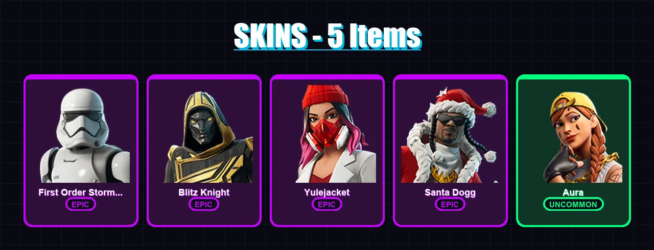 [PC/XBOX/PSN] | First Order Stormtrooper | Blitz Knight | Yulejacket | Santa Dogg | Aura | 5 skin | 35 pickaxe | 12 emote | 23 glider | Lv385