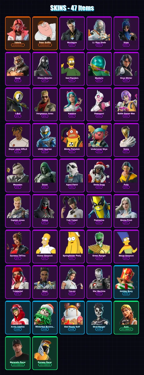 [PC/XBOX] | Valeria | Peter Griffin | Montague | Lt. Ripp Slade | Hope | 47 skin | 93 pickaxe | 51 emote | 71 glider | Lv1161