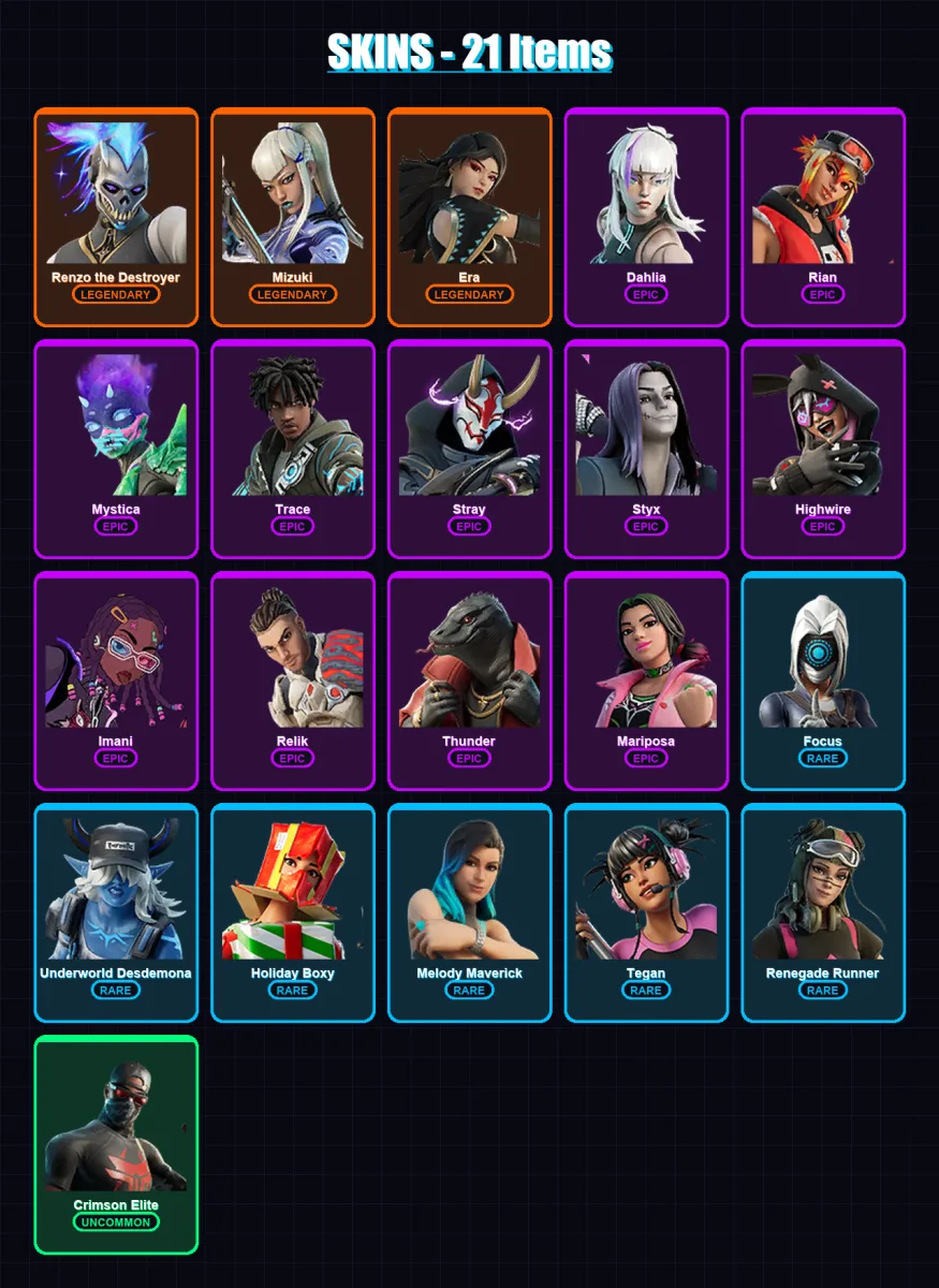 [PC/XBOX/PSN] | Renzo the Destroyer | Mizuki | Era | Dahlia | Rian | 21 skin | 25 pickaxe | 16 emote | 23 glider | Lv260 — Fortnite account