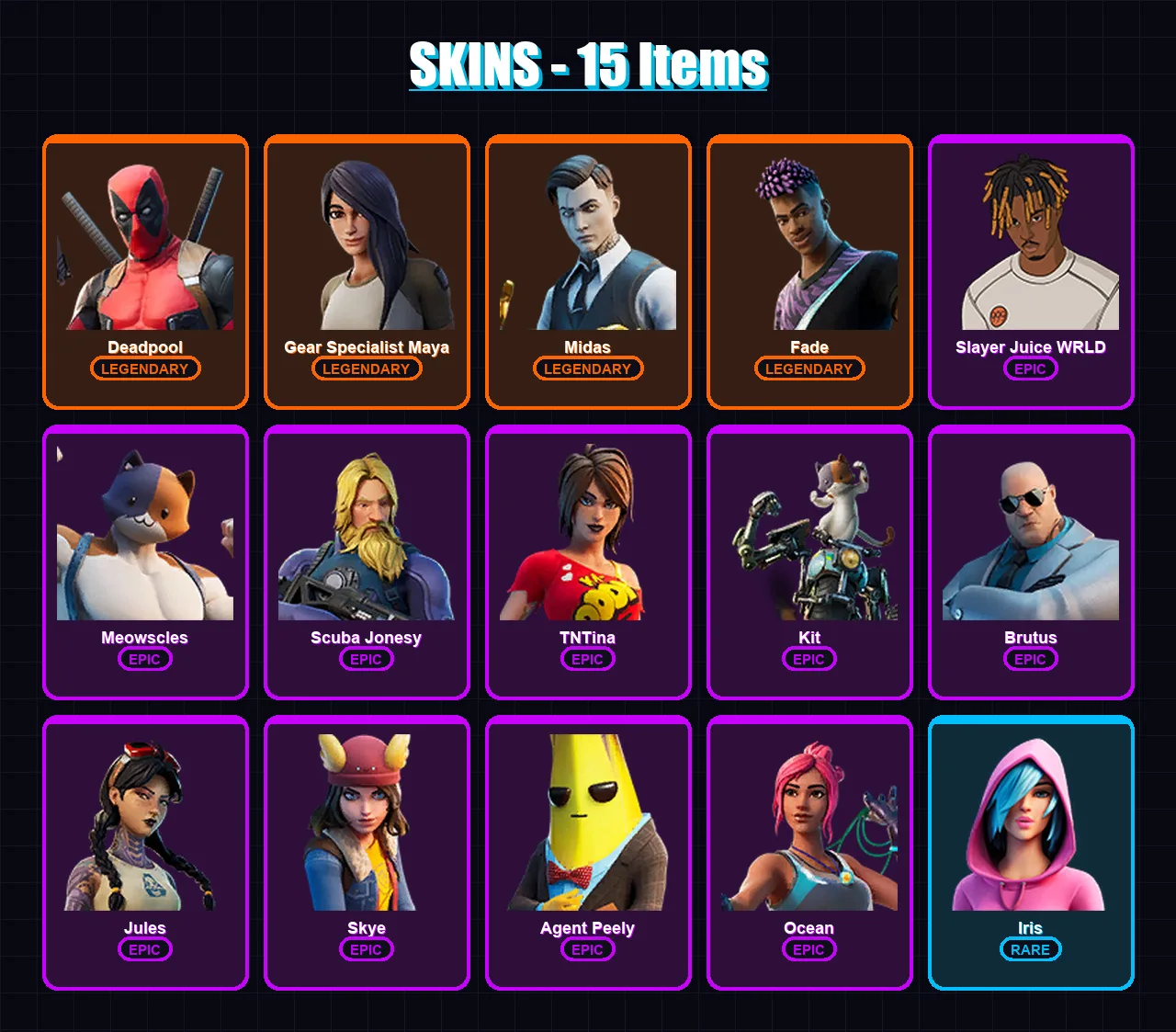 [PC/PSN] | Deadpool | Gear Specialist Maya | Midas | Fade | Slayer Juice WRLD | 15 skin | 39 pickaxe | 35 emote | 35 glider | Lv627 — Fortnite account