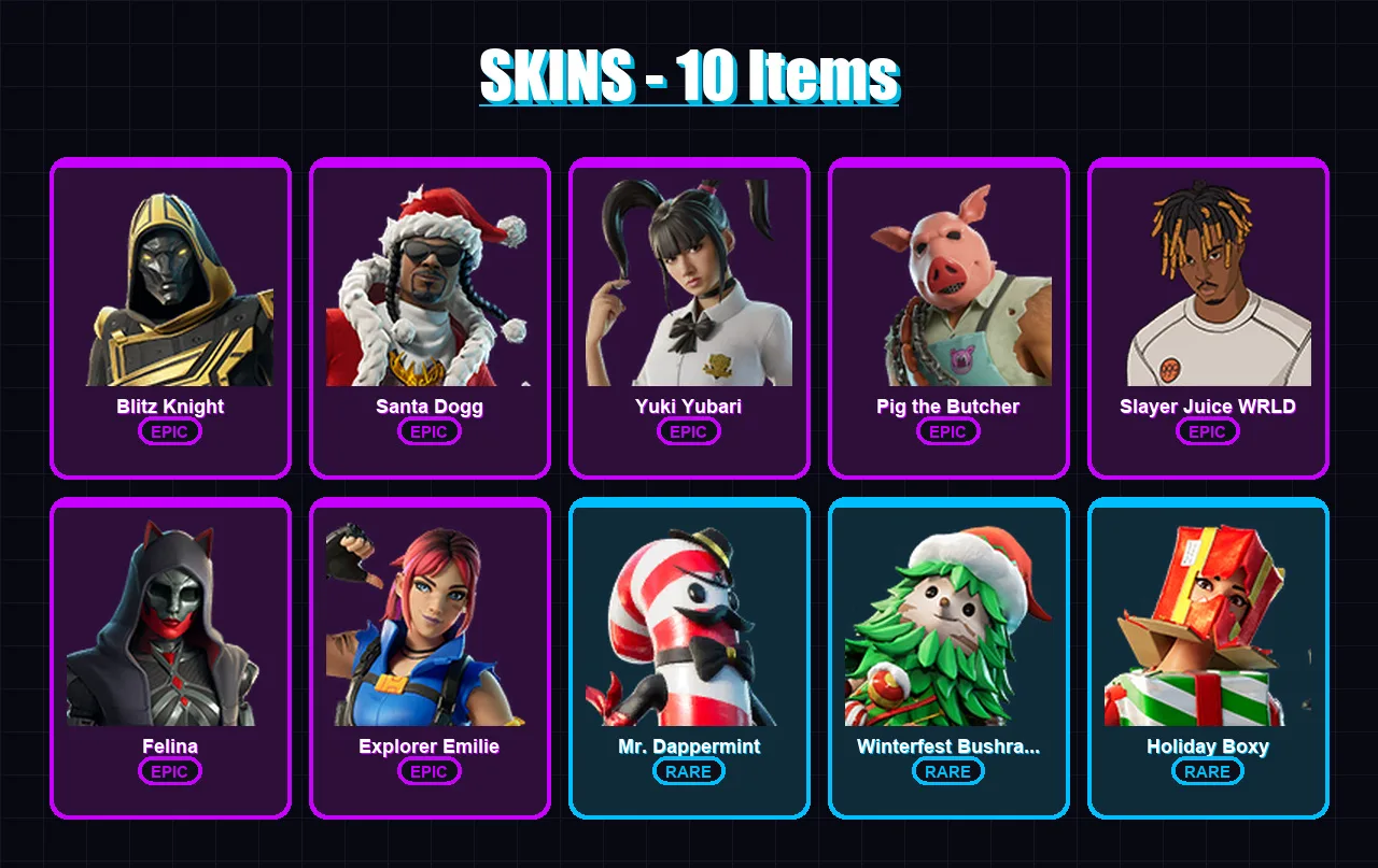 [PC/XBOX/PSN] | Blitz Knight | Santa Dogg | Yuki Yubari | Pig the Butcher | Slayer Juice WRLD | 10 skin | 42 pickaxe | 21 emote | 32 glider | Lv533