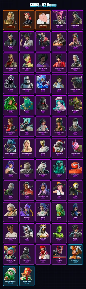 [PC/XBOX/PSN] | Zeus | Polarity | Peter Griffin | Power Punk | Outlaw Midas | 62 skin | 102 pickaxe | 67 emote | 66 glider | Lv759