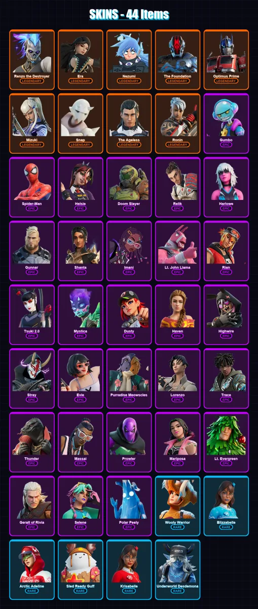 [PC/XBOX/PSN] | Renzo the Destroyer | Era | Nezumi | The Foundation | Optimus Prime | 44 skin | 64 pickaxe | 55 emote | 62 glider | Lv956