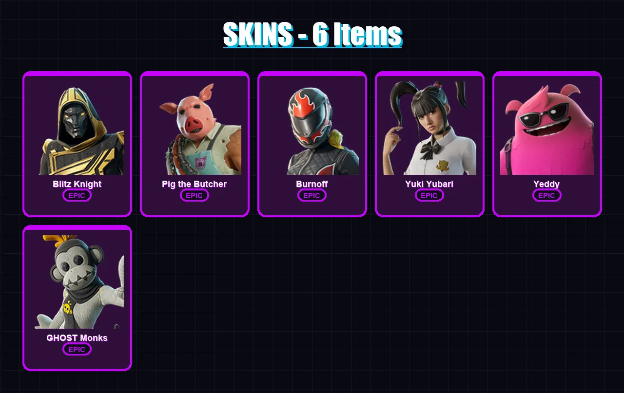 [PC/XBOX/PSN] | Blitz Knight | Pig the Butcher | Burnoff | Yuki Yubari | Yeddy | 6 skin | 29 pickaxe | 11 emote | 20 glider | Lv172